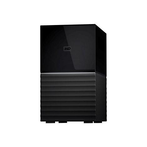 Schwarze externe Festplatte mit "WD" Logo. Oberteil glatt, Unterteil gerillt.