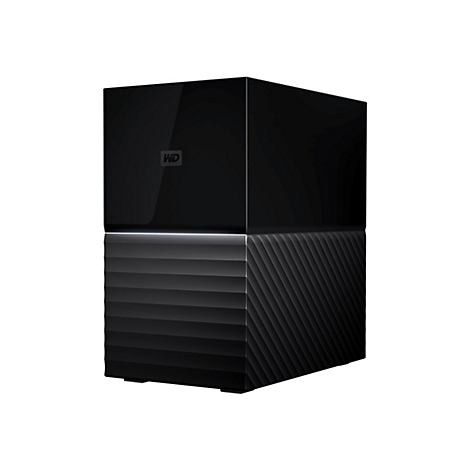 Schwarze externe Festplatte mit "WD" Logo. Die obere Hälfte glänzend, die untere strukturiert.
