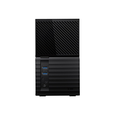 Schwarze externe Festplatte mit USB-Anschlüssen. Der obere Teil hat diagonal verlaufende Linien, der untere Teil ist geriffelt.