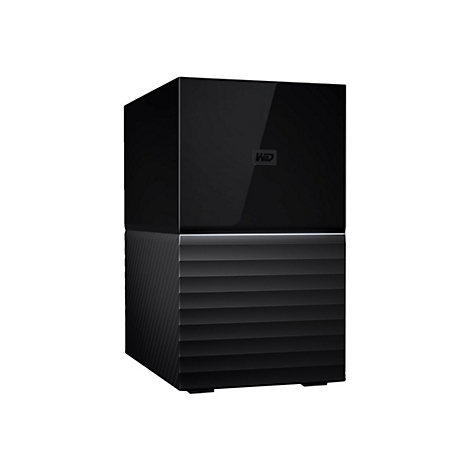 Schwarze externe Festplatte, zweigeteilt, glatte obere und geriffelte untere Hälfte. WD-Logo.