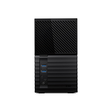 Schwarze externe Festplatte mit USB-Anschlüssen. Oben ein gerilltes Muster, unten glatt.