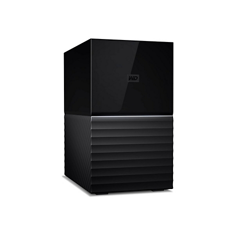 Schwarze externe Festplatte, zweigeteilt in glatte und geriffelte Bereiche mit WD-Logo.