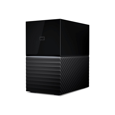 Schwarze externe Festplatte mit 'WD' Logo. Der untere Teil hat ein geriffeltes Design.