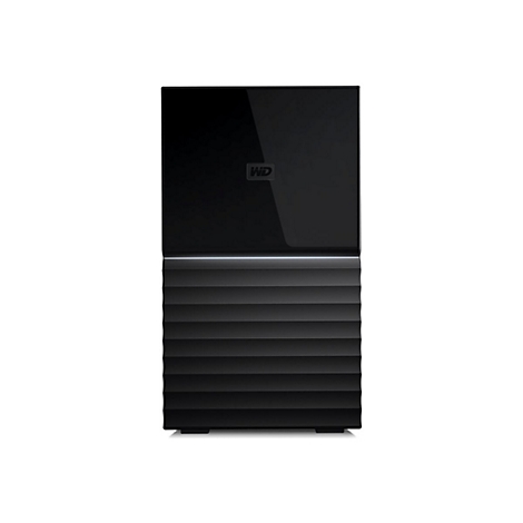 Schwarze externe Festplatte mit "WD" Logo. Das Design weist horizontale Linien auf.