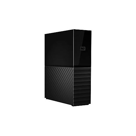 Schwarze externe Festplatte, zweigeteilt mit Texturen, WD-Logo.