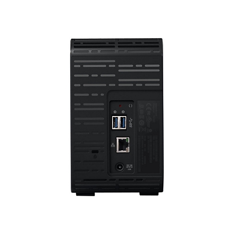 Rückseite einer schwarzen Festplatte mit Anschlüssen für USB, Ethernet und Strom. Deutlich sind auch Produktinformationen abgebildet.