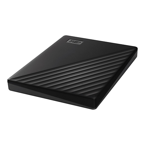 Disque dur externe noir avec une surface nervurée et le logo WD. Sur fond blanc.