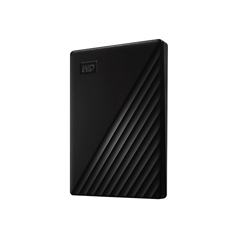 Disque dur externe noir avec logo WD, structure côtelée diagonale sur la surface.