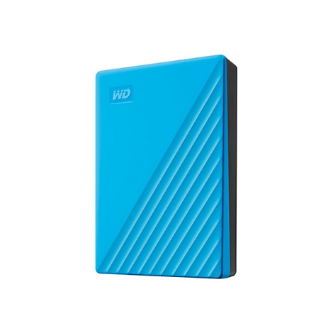 Disque dur externe bleu avec logo "WD" et motif nervuré sur fond blanc.