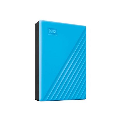 Disque dur externe bleu clair avec logo WD, nervuré en diagonale, côtés noirs.