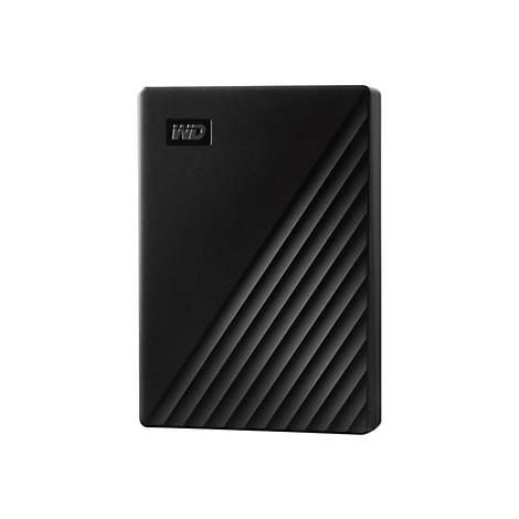 Disque dur externe noir avec le logo WD. Un côté a un motif de vagues.