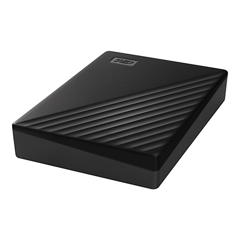 Disque dur externe noir avec surface nervurée, logo WD.