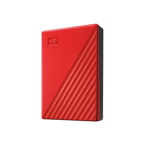 Disque dur externe rouge avec logo WD et surface striée.