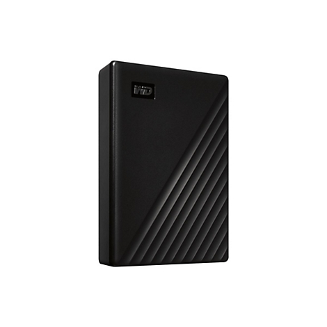 Disque dur externe noir avec rainures diagonales et logo WD.