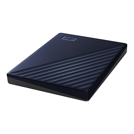 Disque dur externe rectangulaire bleu foncé. Une partie de la surface présente de fines rainures parallèles.