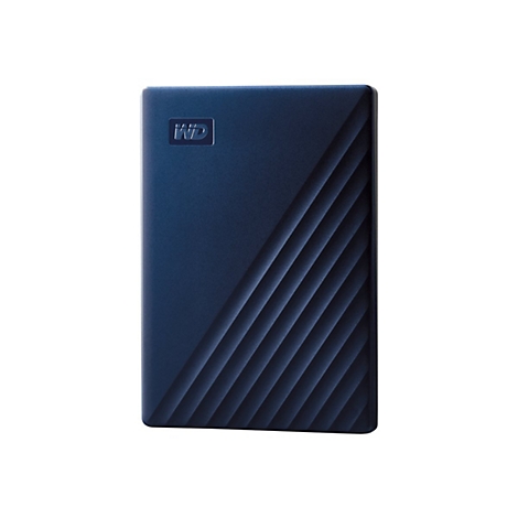 Dunkelblaue externe Festplatte mit WD-Logo und diagonalen Rillen auf der Oberfläche.