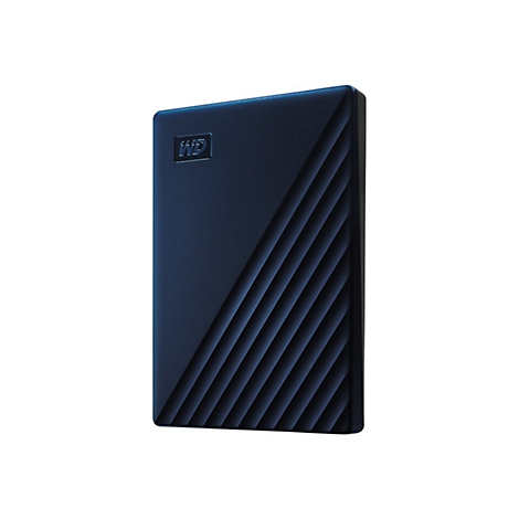 Dunkelblaue externe Festplatte mit diagonaler Rillenstruktur und WD-Logo. Der Hintergrund ist weiß.