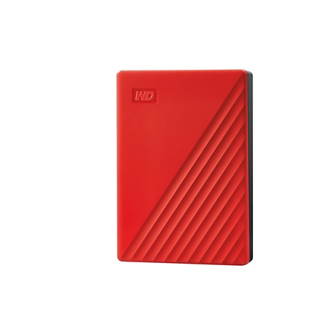 Disque dur rouge et rectangulaire avec le logo WD. Un côté présente des rainures diagonales.