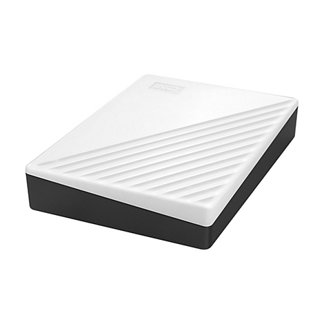 Disque dur externe en blanc et noir. La moitié supérieure est blanche avec des nervures diagonales, la moitié inférieure est noire.