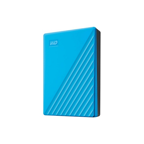 Disque dur externe bleu avec logo WD et rainures diagonales sur la surface.