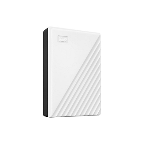 Disque dur portable blanc avec bord noir. La surface affiche le logo WD et des lignes diagonales.