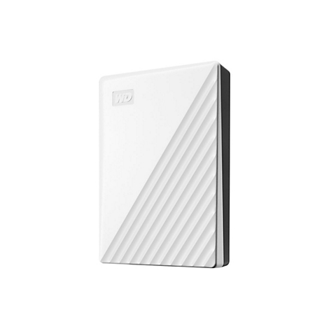 Disque dur externe blanc et rectangulaire avec logo WD et motif rainuré. Bord noir.