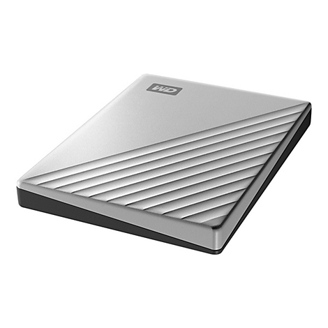 Disque dur externe argenté avec logo WD, surface striée.