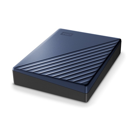 Disque dur externe bleu foncé avec surface nervurée. Base noire, fond blanc.
