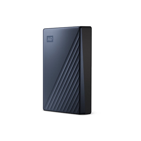 Disque dur externe bleu foncé avec motif diagonal et logo WD.