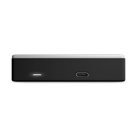 Appareil rectangulaire noir avec un bord supérieur argenté. Une fine bande lumineuse horizontale brille. Port USB-C en bas.