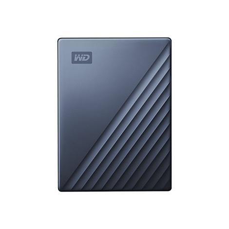 Dunkelblaue externe Festplatte mit WD-Logo und diagonalen Rillen.