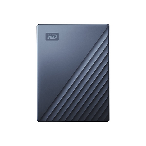 Dunkelblaue externe Festplatte mit WD-Logo und diagonalen Rillen.