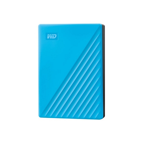 Blaue externe Festplatte mit WD-Logo und diagonalen Rillen, schwarzer Rand.