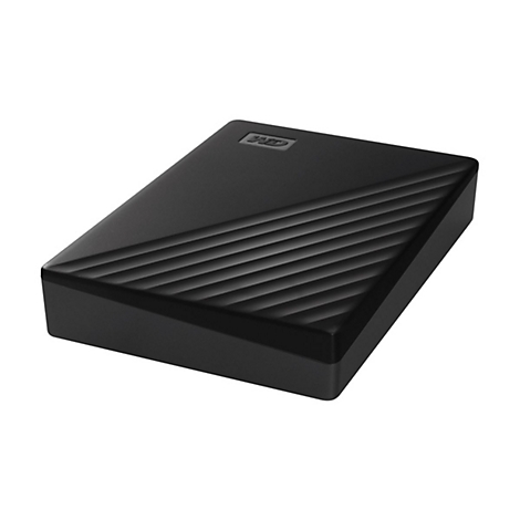 Disque dur externe noir avec surface nervurée. Logo WD en haut à droite.