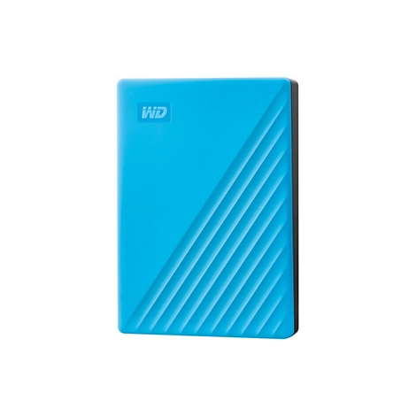 Disque dur portable bleu, logo WD, motif rainuré diagonal, bord noir.