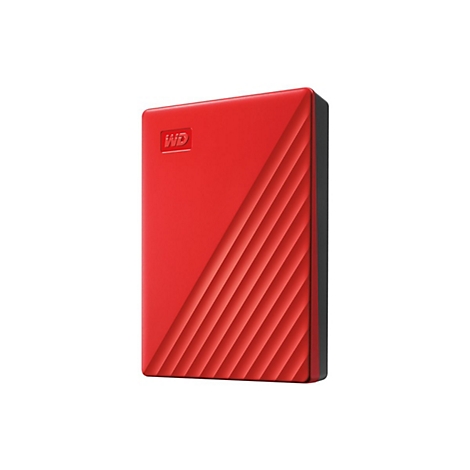 Rote externe Festplatte mit WD-Logo und geriffelter Oberfläche. Schwarzer Rahmen.