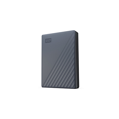 Dunkelgraue externe Festplatte mit diagonaler Rillenstruktur und WD-Logo.