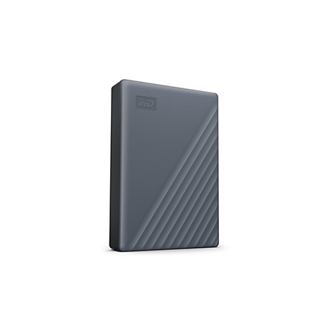 Disque dur externe gris foncé en format portrait, logo sur le devant, rainures diagonales. Fond blanc.