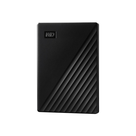 Schwarze externe Festplatte mit WD-Logo, diagonal geriffeltes Design.