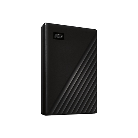 Schwarze externe Festplatte mit WD-Logo und geriffelter Oberfläche.