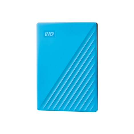 Hellblaues, rechteckiges externes Festplattenlaufwerk mit dem WD-Logo, diagonalen Rillen und abgerundeten Ecken.