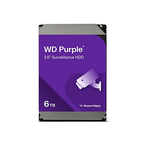 Disque dur WD Purple avec façade violette, texte blanc et logo de caméra de surveillance. Capacité : 6 To.
