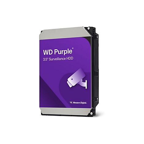 Disque dur WD Purple avec étiquette violette et symbole de caméra de surveillance. Texte : "WD Purple 3.5" Surveillance HDD".