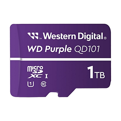Violette microSD-Karte mit Western Digital und WD Purple QD101-Schriftzug. Kapazität: 1 TB.