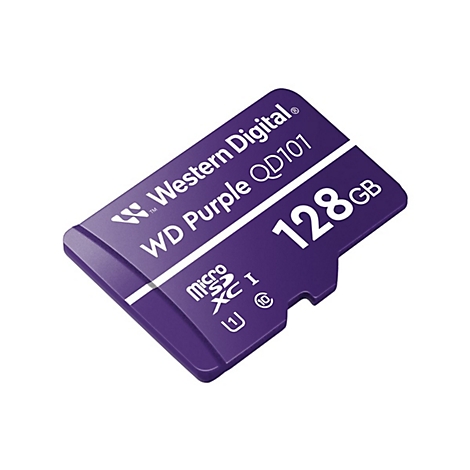 Eine violette MicroSD-Karte von Western Digital mit 128 GB Kapazität. Aufschrift: WD Purple QD101.