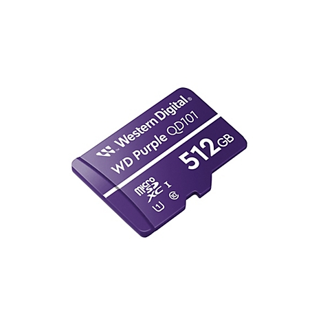 Eine violette Micro-SD-Karte mit den Aufschriften "Western Digital WD Purple QD101 512 GB" auf weißem Hintergrund.