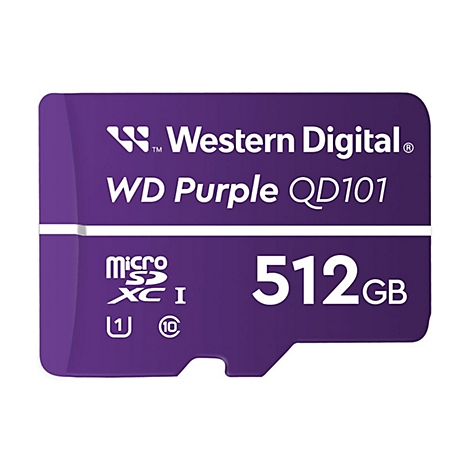 Violette SD-Karte mit weißem Text: Western Digital, WD Purple QD101, 512 GB.