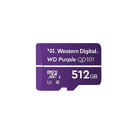 Eine violette Micro-SD-Karte mit den Aufschriften "Western Digital", "WD Purple QD101" und "512GB".