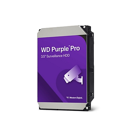 Festplatte WD Purple Pro. Auf lila Hintergrund steht "WD Purple Pro" und "3,5 Zoll Surveillance HDD". Ein Überwachungssymbol ist zu sehen.