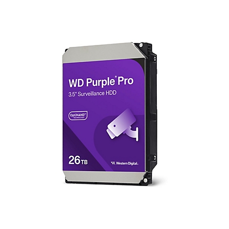 Festplatte WD Purple Pro. Violett-weißes Etikett, Text: 26TB, OptiNAND-Technologie. Abgebildet ist eine Überwachungskamera.